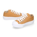 TAN color Cotton canvas OKAA Sneaker shoes with shoelaces and toe cap.