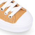 TAN color Cotton canvas OKAA Sneaker shoes with shoelaces and toe cap.