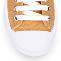 TAN color Cotton canvas OKAA Sneaker shoes with shoelaces and toe cap.