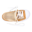 TAN color Cotton canvas OKAA Sneaker shoes with shoelaces and toe cap.