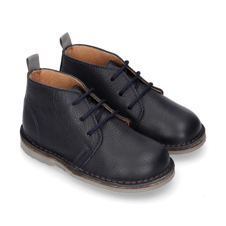 Dark blue MADRAS Nappa leather kids Safari boots with laces.