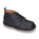 Dark blue MADRAS Nappa leather kids Safari boots with laces.