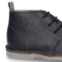 Dark blue MADRAS Nappa leather kids Safari boots with laces.