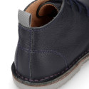 Dark blue MADRAS Nappa leather kids Safari boots with laces.