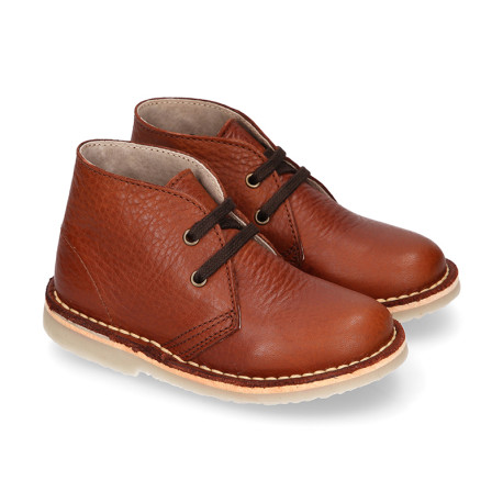 TAN color Nappa leather kids Safari boots with laces.