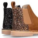 Suede leather Girl ankle boots with GLITTER counter.