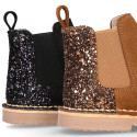 Suede leather Girl ankle boots with GLITTER counter.