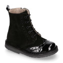 Suede leather kids SPORT Pascuala style ankle boots combined with patent leather.