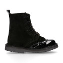 Suede leather kids SPORT Pascuala style ankle boots combined with patent leather.