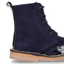 Suede leather kids SPORT Pascuala style ankle boots combined with patent leather.