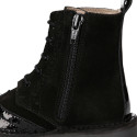 Suede leather kids SPORT Pascuala style ankle boots combined with patent leather.