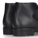 School kids ankle boot shoes, road shoes style laceless in leather.