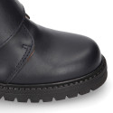 School kids ankle boot shoes, road shoes style laceless in leather.