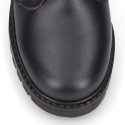 School kids ankle boot shoes, road shoes style laceless in leather.