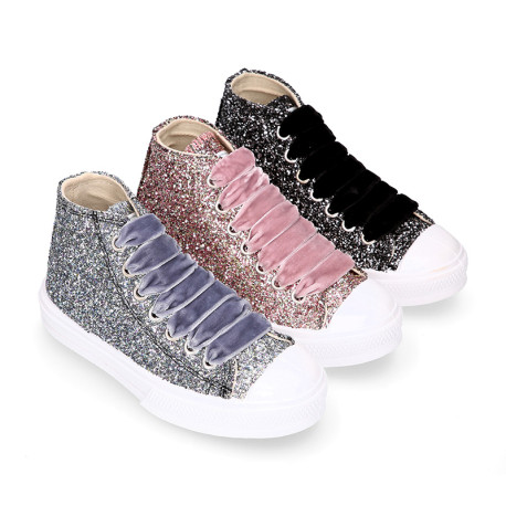 GLITTER High Sneaker shoes with velvet shoelaces and with toe cap for girls.