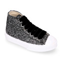 GLITTER High Sneaker shoes with velvet shoelaces and with toe cap for girls.