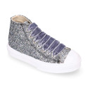 GLITTER High Sneaker shoes with velvet shoelaces and with toe cap for girls.