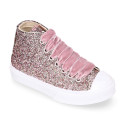 GLITTER High Sneaker shoes with velvet shoelaces and with toe cap for girls.