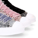 GLITTER High Sneaker shoes with velvet shoelaces and with toe cap for girls.