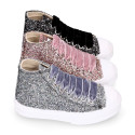 GLITTER High Sneaker shoes with velvet shoelaces and with toe cap for girls.