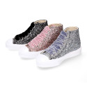 GLITTER High Sneaker shoes with velvet shoelaces and with toe cap for girls.