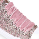 GLITTER High Sneaker shoes with velvet shoelaces and with toe cap for girls.