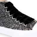 GLITTER High Sneaker shoes with velvet shoelaces and with toe cap for girls.