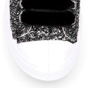 GLITTER High Sneaker shoes with velvet shoelaces and with toe cap for girls.