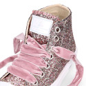 GLITTER High Sneaker shoes with velvet shoelaces and with toe cap for girls.