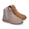 Suede leather Girl ankle boot shoes with elastic GLITTER design and zipper closure.