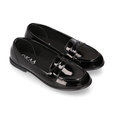 Stylized Girl OKAA Moccasin shoes in BLACK PATENT finish.