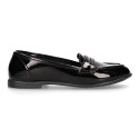 Stylized Girl OKAA Moccasin shoes in BLACK PATENT finish.