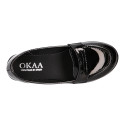 Stylized Girl OKAA Moccasin shoes in BLACK PATENT finish.