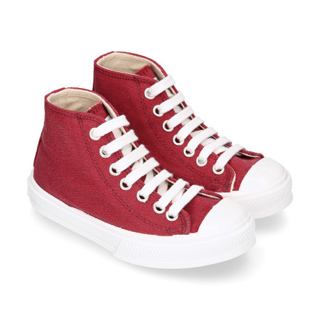 Cotton canvas High Sneaker shoes with shoelaces and with toe cap in BURGUNDY color.