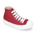 Cotton canvas High Sneaker shoes with shoelaces and with toe cap in BURGUNDY color.