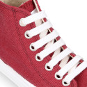 Cotton canvas High Sneaker shoes with shoelaces and with toe cap in BURGUNDY color.