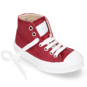 Cotton canvas High Sneaker shoes with shoelaces and with toe cap in BURGUNDY color.