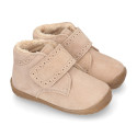 SUEDE leather OKAA FLEX kids Bootie shoes laceless with fur lining and with toe cap.