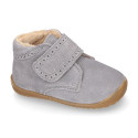 SUEDE leather OKAA FLEX kids Bootie shoes laceless with fur lining and with toe cap.