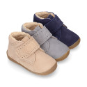 SUEDE leather OKAA FLEX kids Bootie shoes laceless with fur lining and with toe cap.