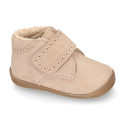 SUEDE leather OKAA FLEX kids Bootie shoes laceless with fur lining and with toe cap.