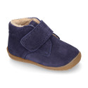 SUEDE leather OKAA FLEX kids Bootie shoes laceless with fur lining and with toe cap.