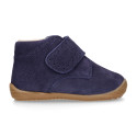 SUEDE leather OKAA FLEX kids Bootie shoes laceless with fur lining and with toe cap.