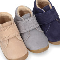 SUEDE leather OKAA FLEX kids Bootie shoes laceless with fur lining and with toe cap.