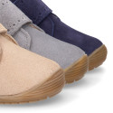 SUEDE leather OKAA FLEX kids Bootie shoes laceless with fur lining and with toe cap.