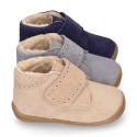 SUEDE leather OKAA FLEX kids Bootie shoes laceless with fur lining and with toe cap.