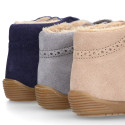 SUEDE leather OKAA FLEX kids Bootie shoes laceless with fur lining and with toe cap.