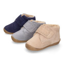 SUEDE leather OKAA FLEX kids Bootie shoes laceless with fur lining and with toe cap.