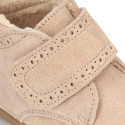 SUEDE leather OKAA FLEX kids Bootie shoes laceless with fur lining and with toe cap.