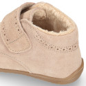 SUEDE leather OKAA FLEX kids Bootie shoes laceless with fur lining and with toe cap.